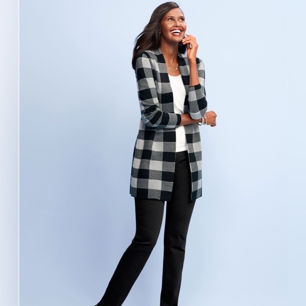 Talbots Size Large Merino Wool Buffalo Plaid Check Cardigan Sweater Gray Black